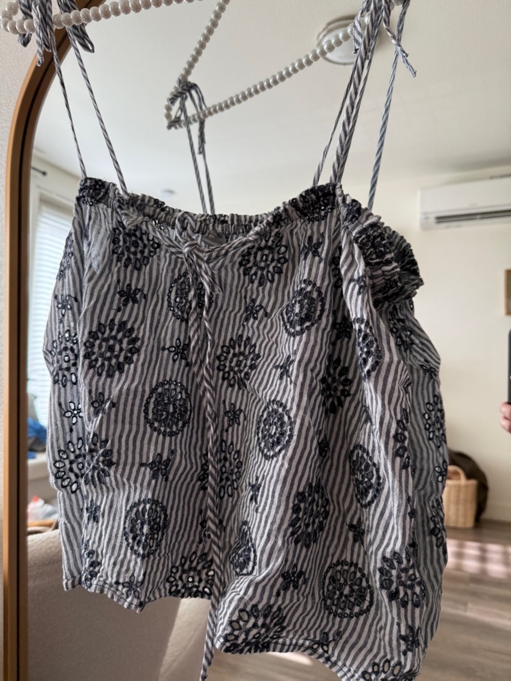 aerie Black & White Striped Floral Embroidered Tie-Strap Camisole